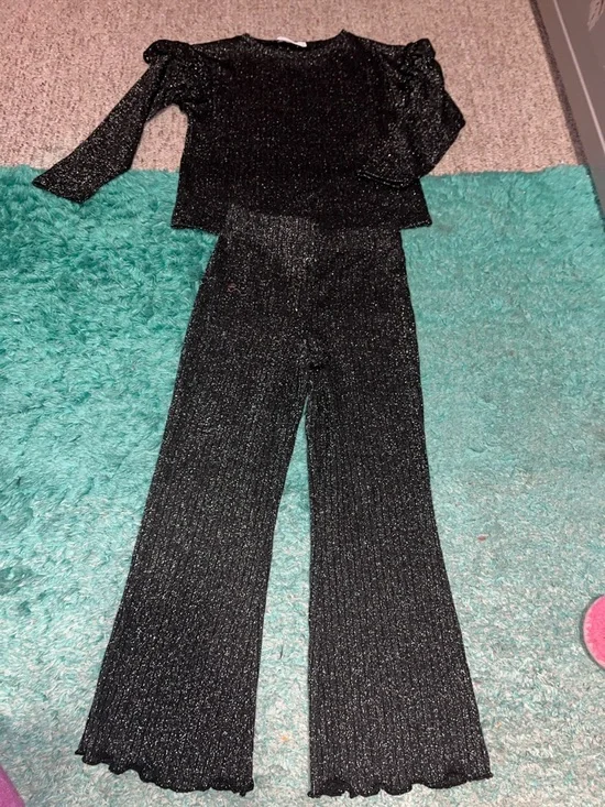 Black Sparkle Wide-Leg Knit Pants - kids matching Set - Picture 1 of 5